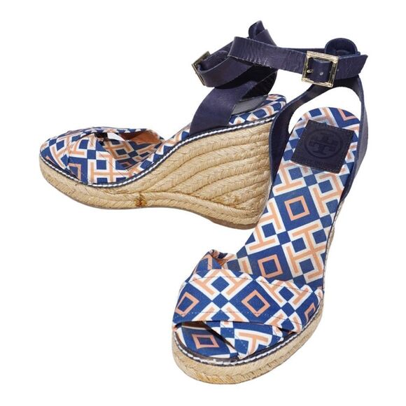 Tory Burch Criss Cross Blue and Orange Espadrille Wedges, Size 8 - Picture 2 of 11
